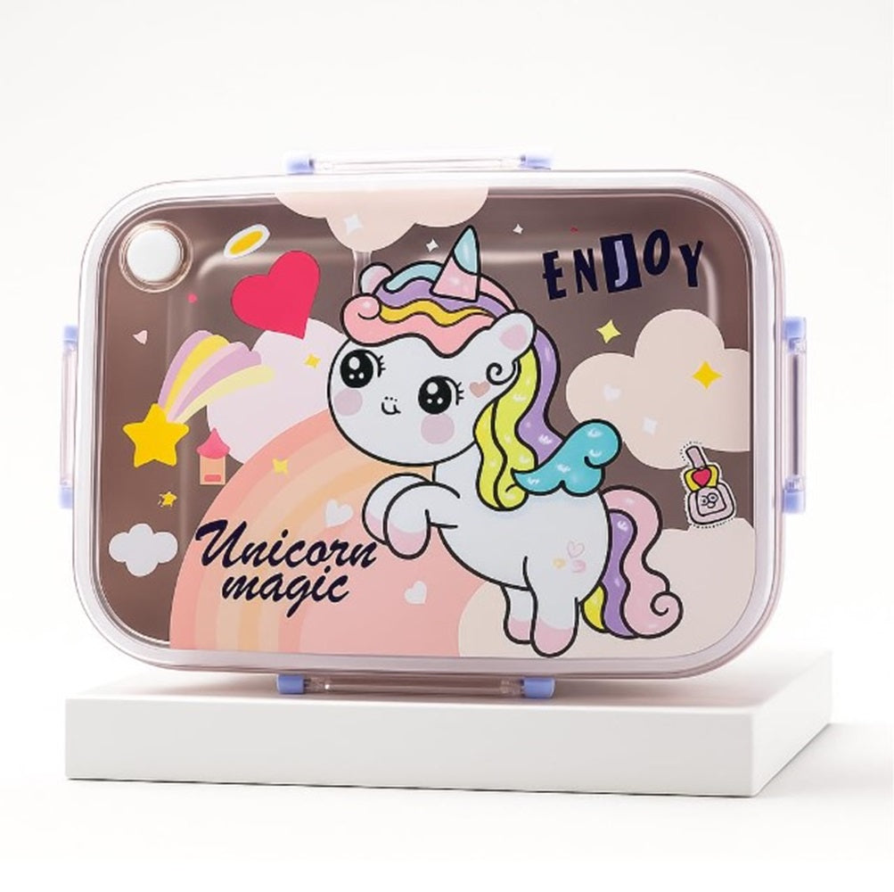 CuddleNest Steel Lunch Box 750 ml | 3 Compartment Bento Style Tiffin with Spoon & Chopsticks | Leakproof, BPA-Free, Space Astronaut/Unicorn magic Theme