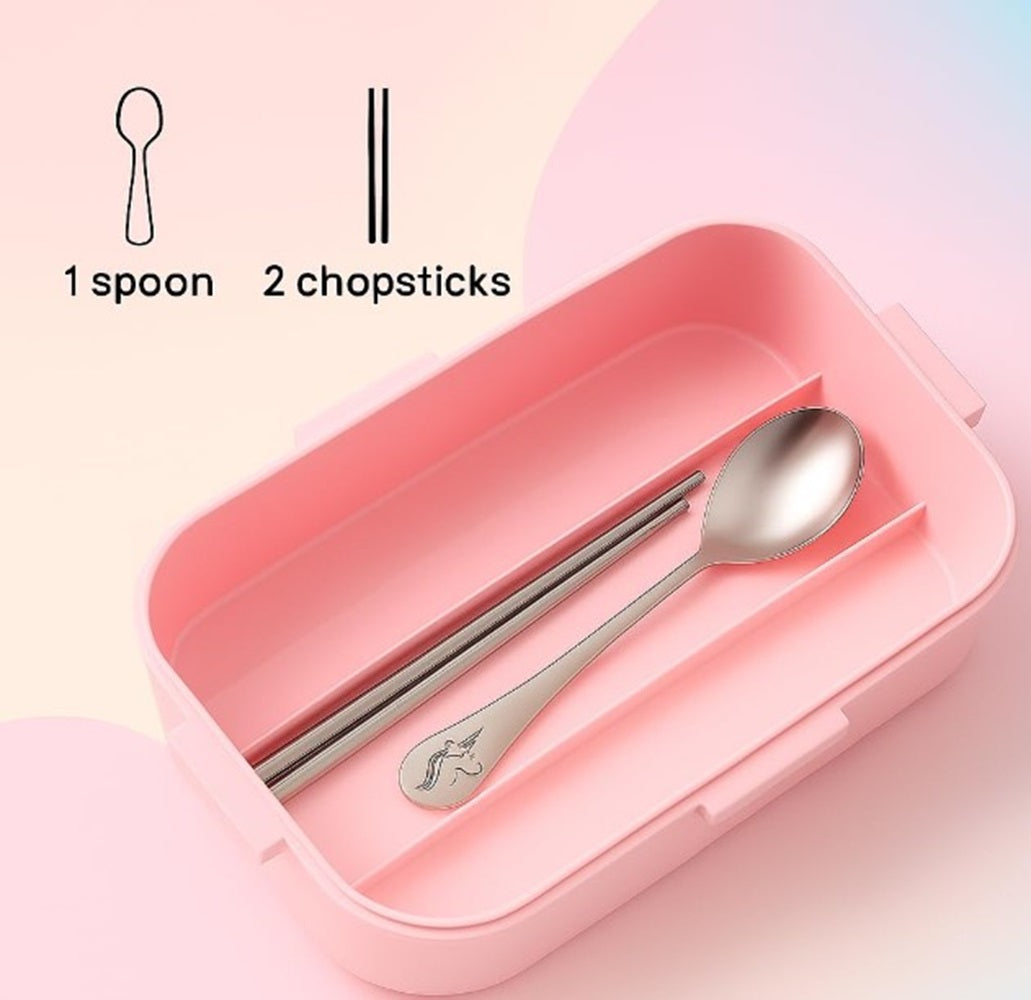 CuddleNest Steel Lunch Box 750 ml | 3 Compartment Bento Style Tiffin with Spoon & Chopsticks | Leakproof, BPA-Free, Space Astronaut/Unicorn magic Theme