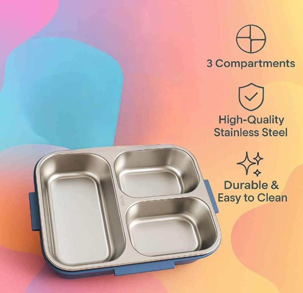 CuddleNest Steel Lunch Box 750 ml | 3 Compartment Bento Style Tiffin with Spoon & Chopsticks | Leakproof, BPA-Free, Space Astronaut/Unicorn magic Theme