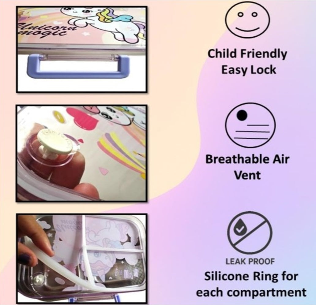 CuddleNest Steel Lunch Box 750 ml | 3 Compartment Bento Style Tiffin with Spoon & Chopsticks | Leakproof, BPA-Free, Space Astronaut/Unicorn magic Theme