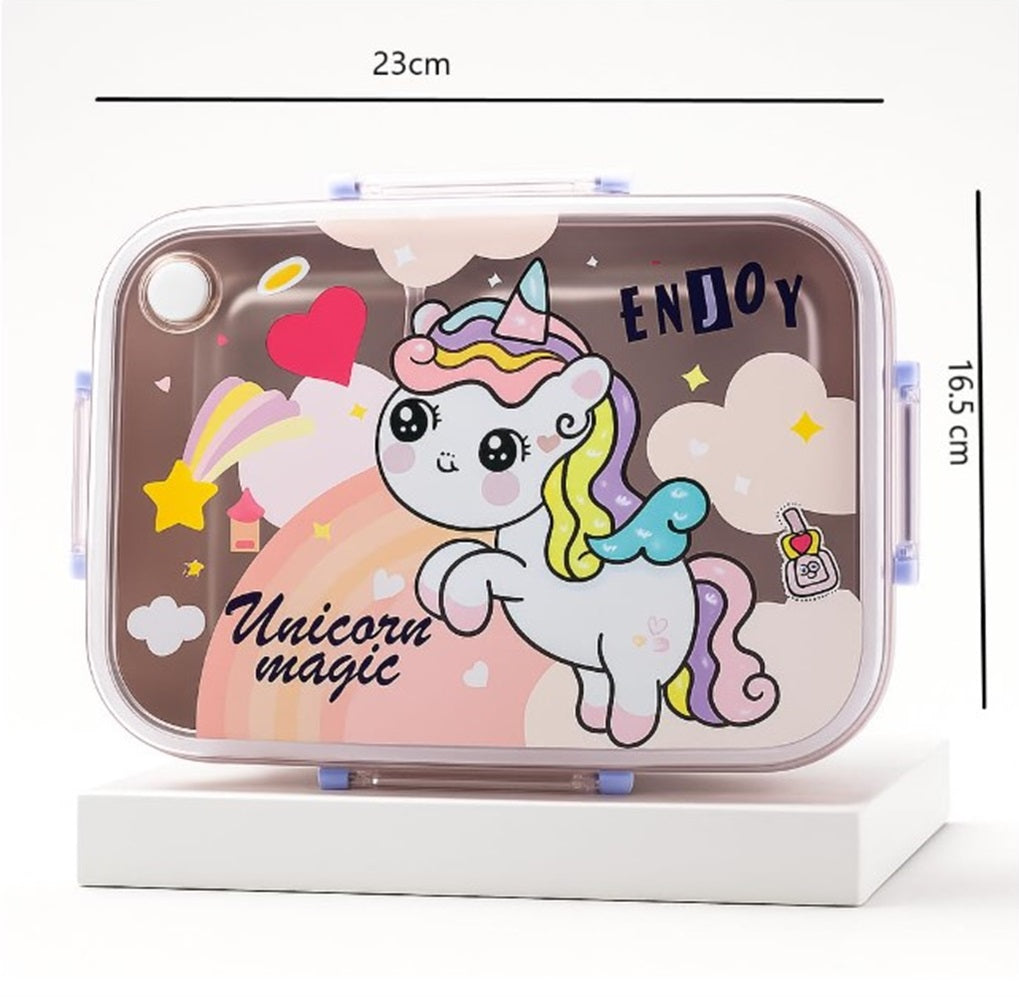 CuddleNest Steel Lunch Box 750 ml | 3 Compartment Bento Style Tiffin with Spoon & Chopsticks | Leakproof, BPA-Free, Space Astronaut/Unicorn magic Theme