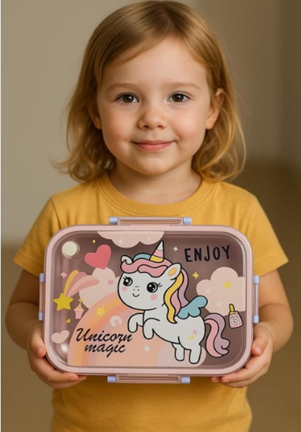 CuddleNest Steel Lunch Box 750 ml | 3 Compartment Bento Style Tiffin with Spoon & Chopsticks | Leakproof, BPA-Free, Space Astronaut/Unicorn magic Theme