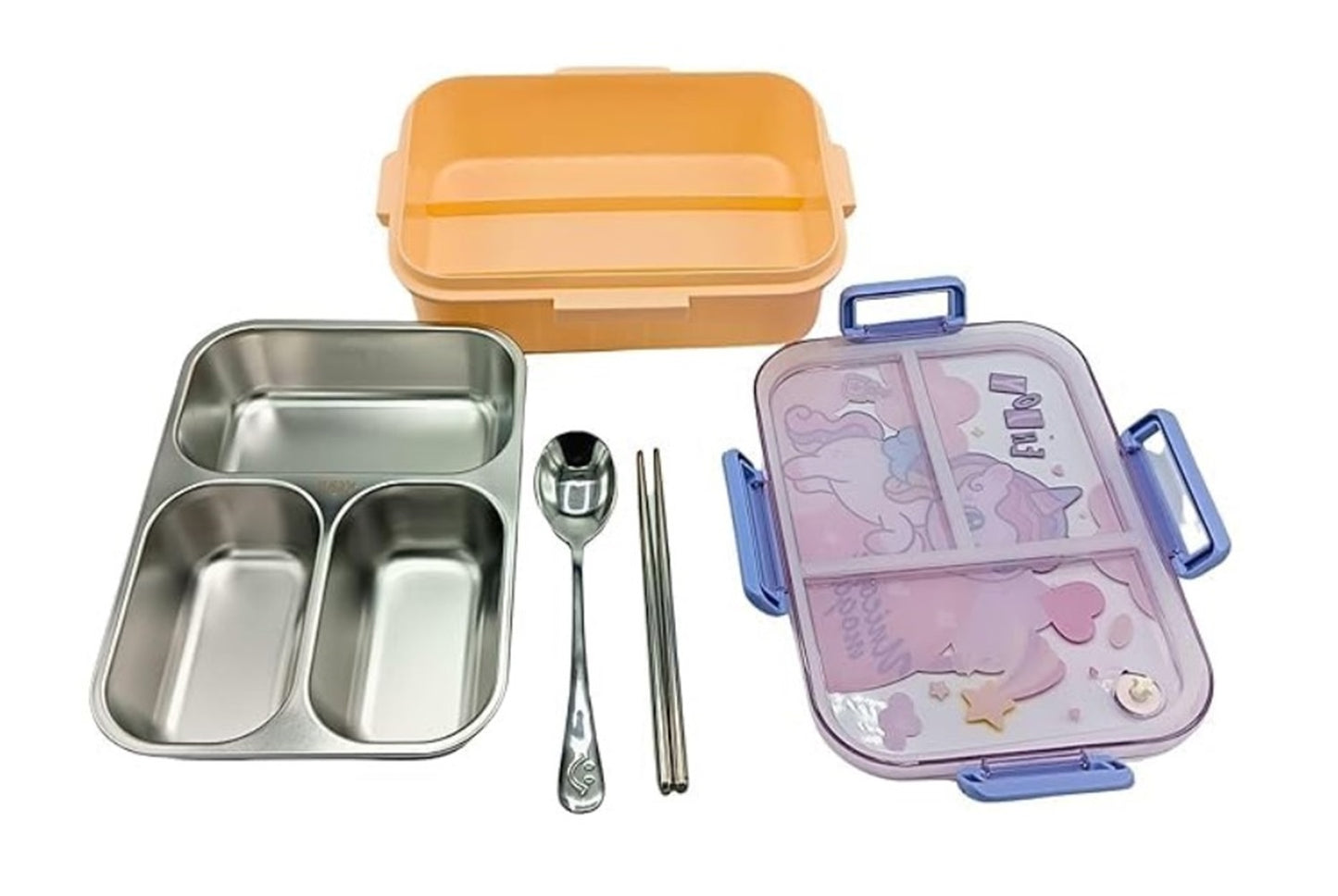 CuddleNest Steel Lunch Box 750 ml | 3 Compartment Bento Style Tiffin with Spoon & Chopsticks | Leakproof, BPA-Free, Space Astronaut/Unicorn magic Theme