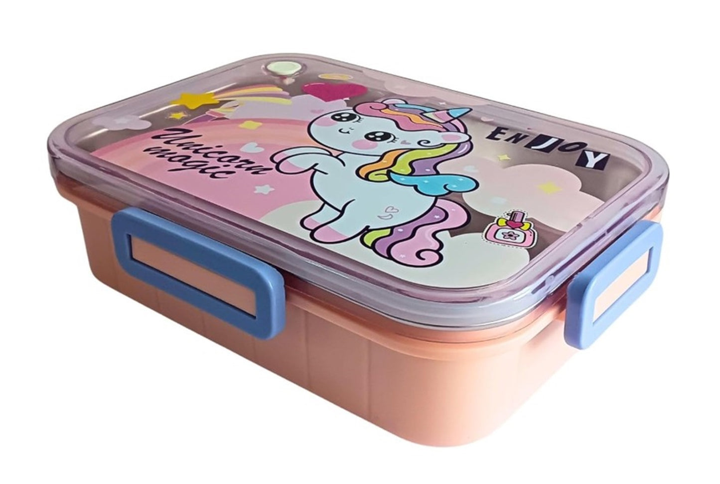 CuddleNest Steel Lunch Box 750 ml | 3 Compartment Bento Style Tiffin with Spoon & Chopsticks | Leakproof, BPA-Free, Space Astronaut/Unicorn magic Theme
