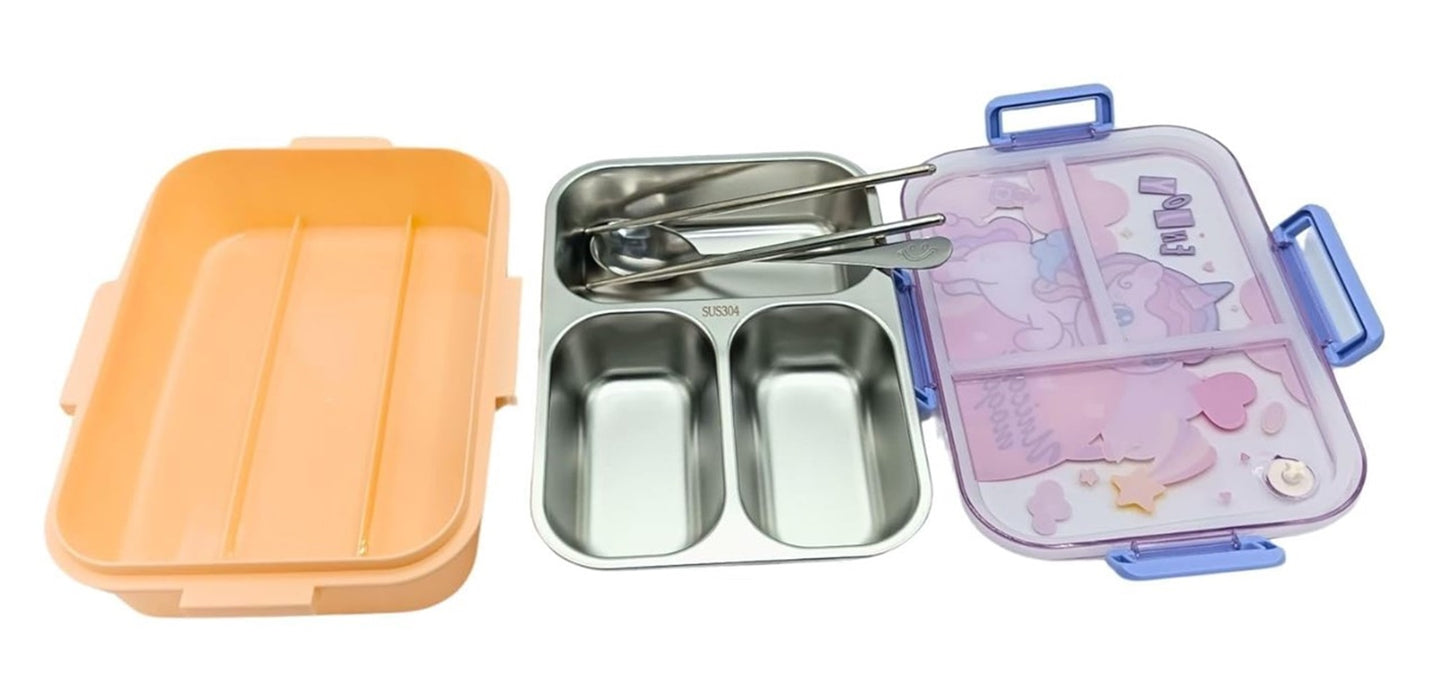 CuddleNest Steel Lunch Box 750 ml | 3 Compartment Bento Style Tiffin with Spoon & Chopsticks | Leakproof, BPA-Free, Space Astronaut/Unicorn magic Theme