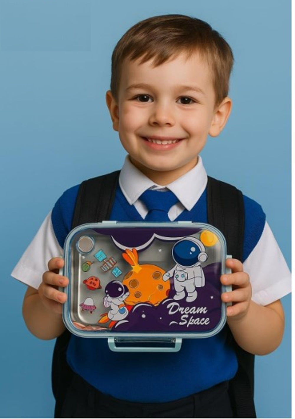 CuddleNest Steel Lunch Box 750 ml | 3 Compartment Bento Style Tiffin with Spoon & Chopsticks | Leakproof, BPA-Free, Space Astronaut/Unicorn magic Theme