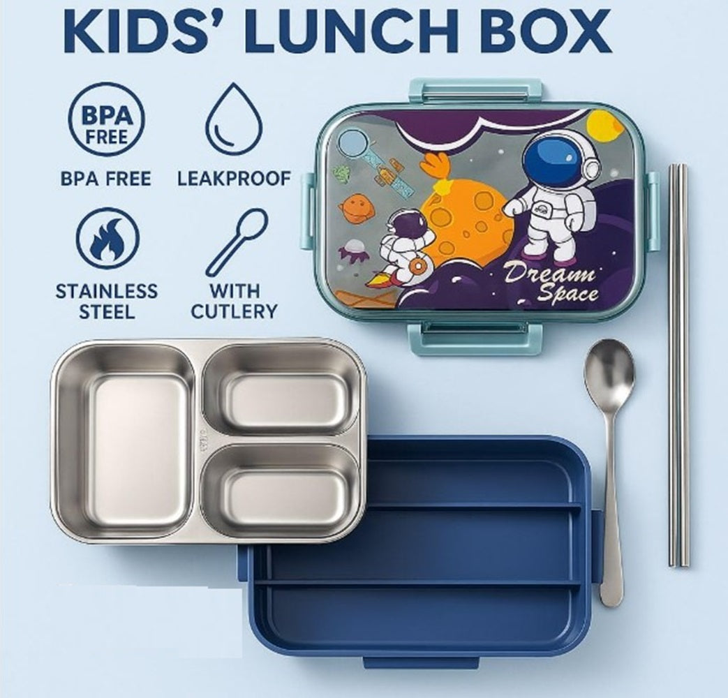 CuddleNest Steel Lunch Box 750 ml | 3 Compartment Bento Style Tiffin with Spoon & Chopsticks | Leakproof, BPA-Free, Space Astronaut/Unicorn magic Theme