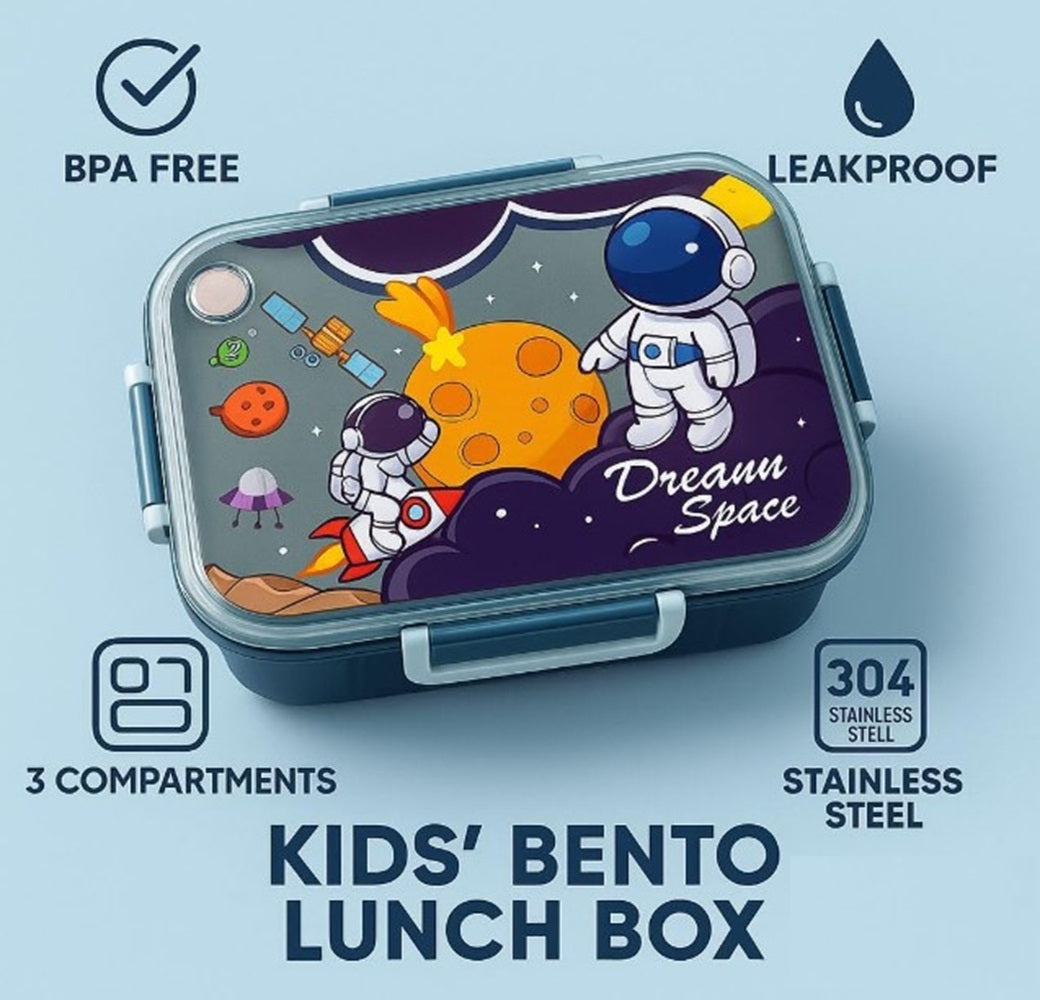 CuddleNest Steel Lunch Box 750 ml | 3 Compartment Bento Style Tiffin with Spoon & Chopsticks | Leakproof, BPA-Free, Space Astronaut/Unicorn magic Theme