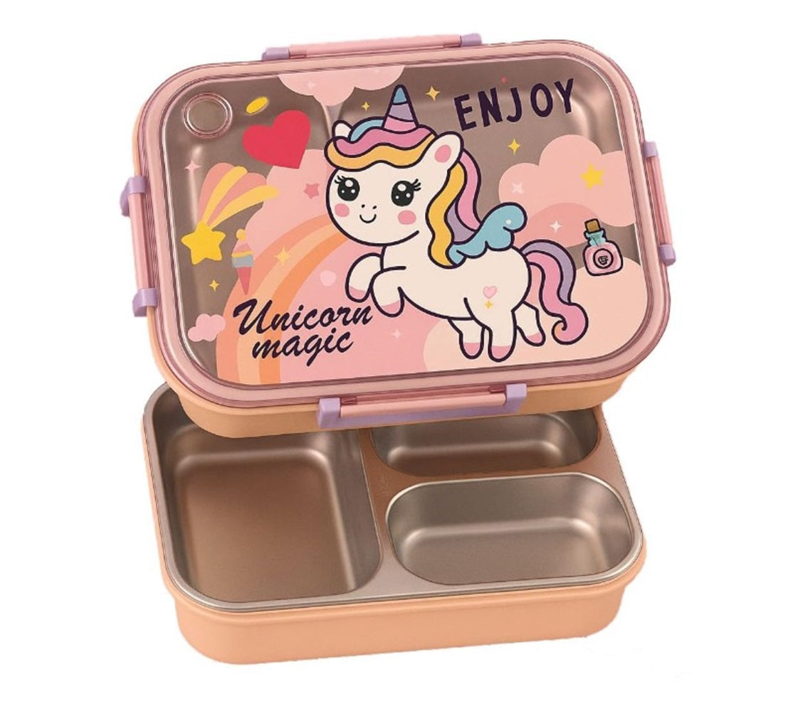 CuddleNest Steel Lunch Box 750 ml | 3 Compartment Bento Style Tiffin with Spoon & Chopsticks | Leakproof, BPA-Free, Space Astronaut/Unicorn magic Theme