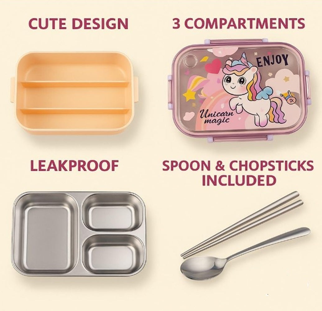 CuddleNest Steel Lunch Box 750 ml | 3 Compartment Bento Style Tiffin with Spoon & Chopsticks | Leakproof, BPA-Free, Space Astronaut/Unicorn magic Theme