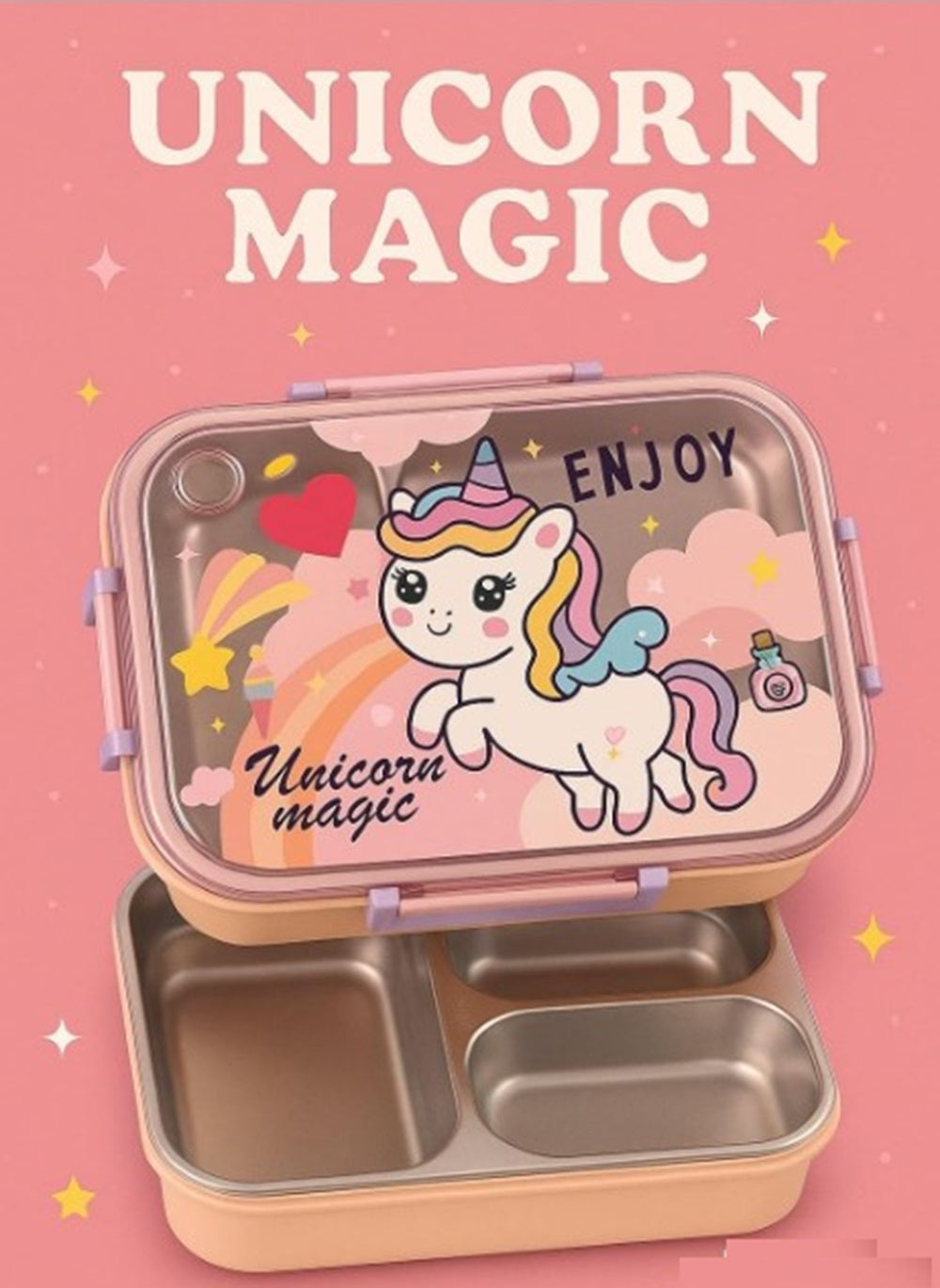 CuddleNest Steel Lunch Box 750 ml | 3 Compartment Bento Style Tiffin with Spoon & Chopsticks | Leakproof, BPA-Free, Space Astronaut/Unicorn magic Theme