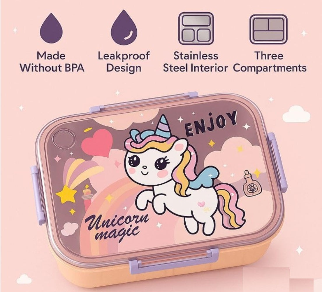 CuddleNest Steel Lunch Box 750 ml | 3 Compartment Bento Style Tiffin with Spoon & Chopsticks | Leakproof, BPA-Free, Space Astronaut/Unicorn magic Theme