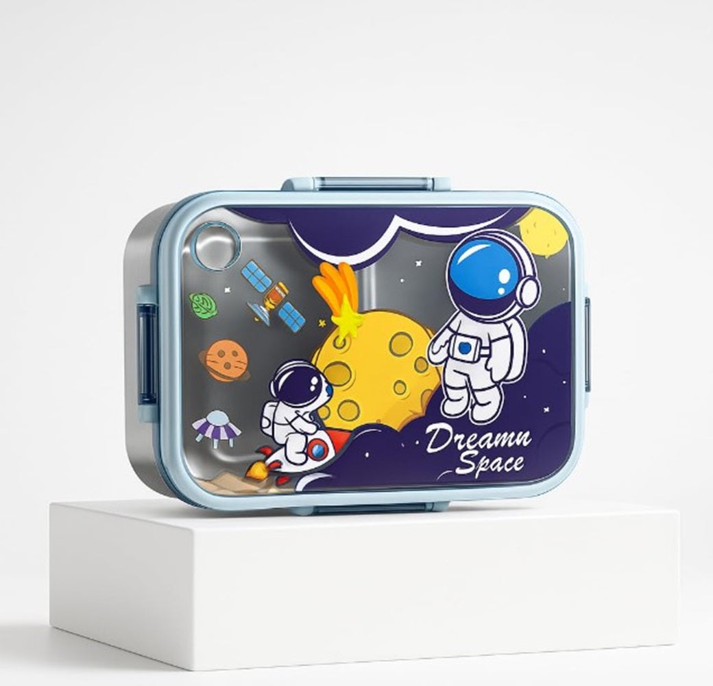 CuddleNest Steel Lunch Box 750 ml | 3 Compartment Bento Style Tiffin with Spoon & Chopsticks | Leakproof, BPA-Free, Space Astronaut/Unicorn magic Theme