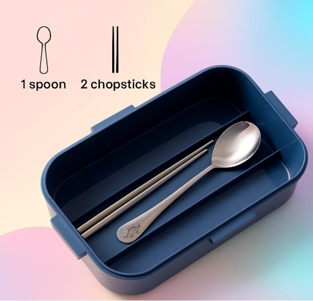 CuddleNest Steel Lunch Box 750 ml | 3 Compartment Bento Style Tiffin with Spoon & Chopsticks | Leakproof, BPA-Free, Space Astronaut/Unicorn magic Theme