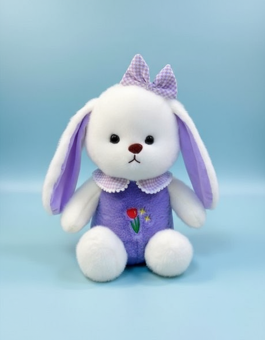 White Plush Bunny Soft Toy, Dress with Tulip Design, 35 cm, Stuffed Animal with Floppy Ears and Ribbon, for Kids