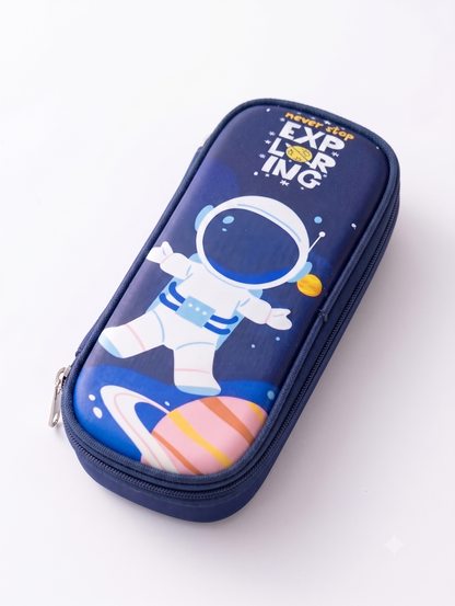 CuddleNest Kids Space Astronaut Fabric Pencil Pouch – Multi-Slot School Stationery Organiser (Dark Blue)