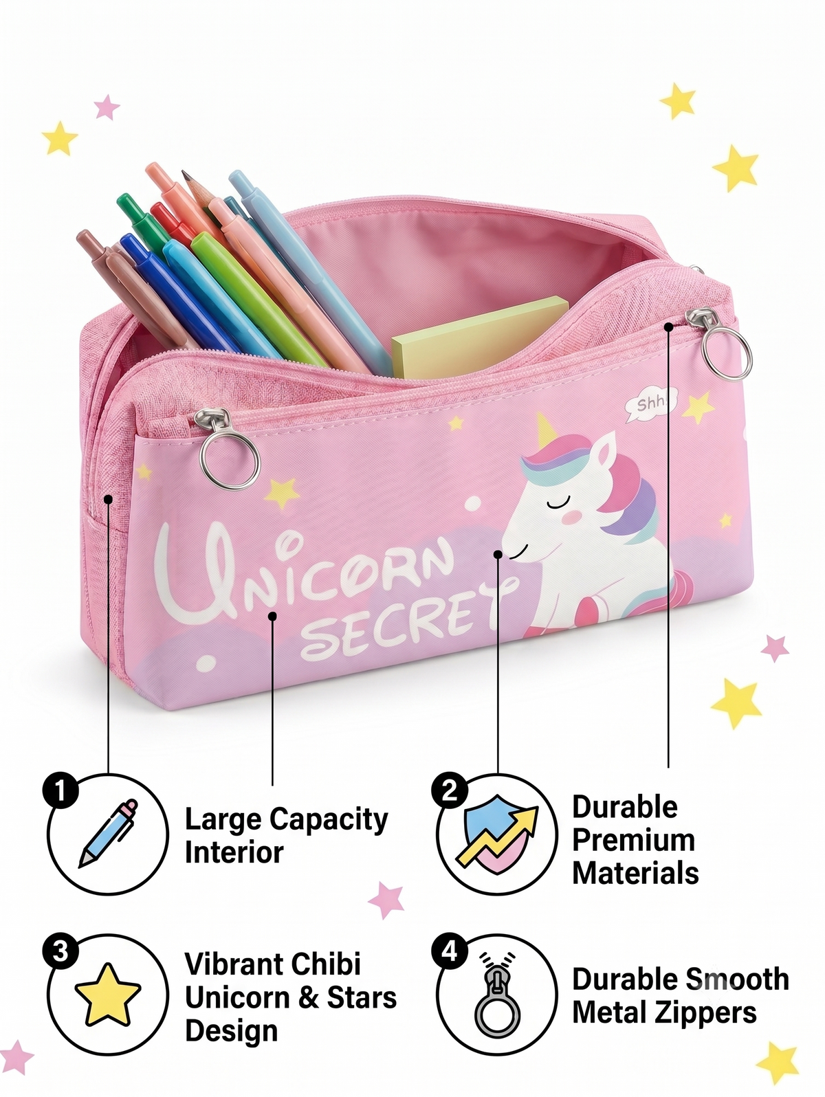 Unicorn Secret Large Capacity Kids Pencil Case – Durable Canvas Stationery Pouch for School & Desk Storage