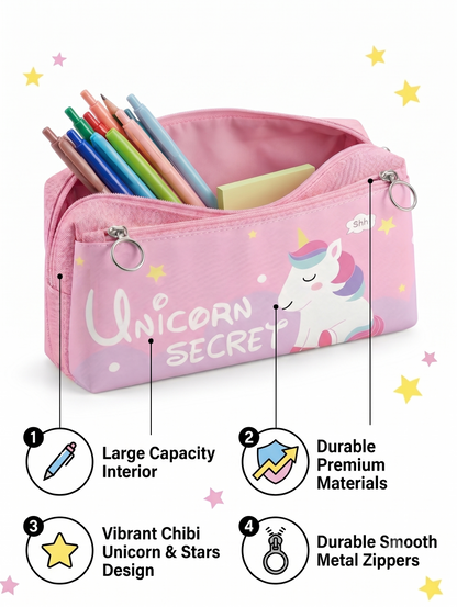 Unicorn Secret Large Capacity Kids Pencil Case – Durable Canvas Stationery Pouch for School & Desk Storage