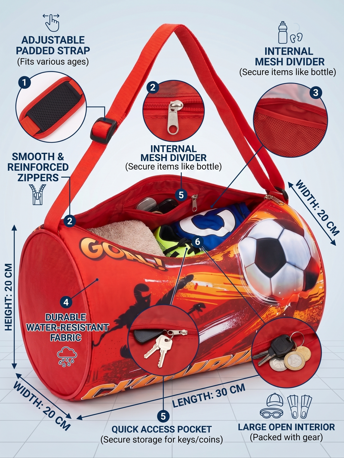 CuddleNest Soccer Goal! Red Kids Sports Barrel Duffle Bag