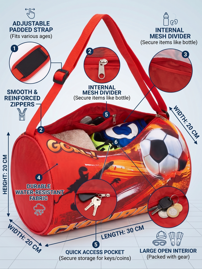 CuddleNest Soccer Goal! Red Kids Sports Barrel Duffle Bag
