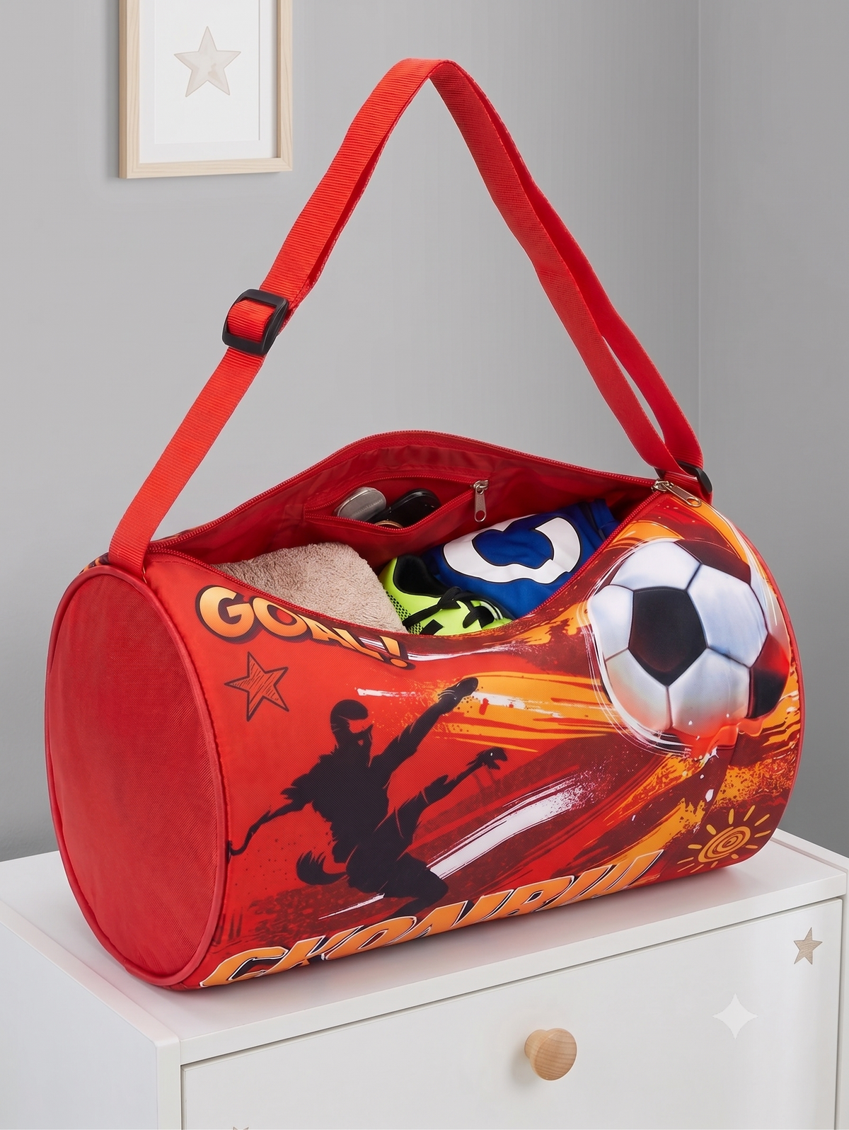 CuddleNest Soccer Goal! Red Kids Sports Barrel Duffle Bag