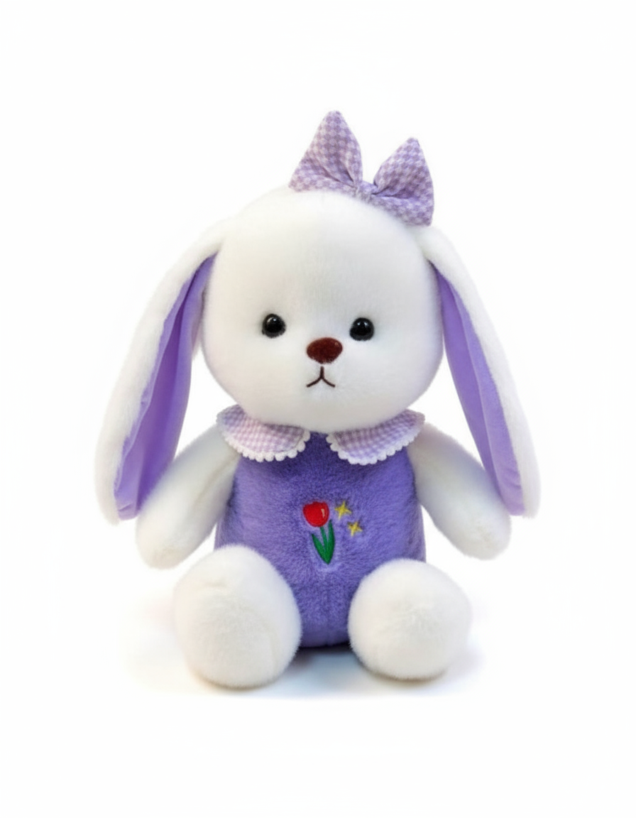 White Plush Bunny Soft Toy, Dress with Tulip Design, 35 cm, Stuffed Animal with Floppy Ears and Ribbon, for Kids