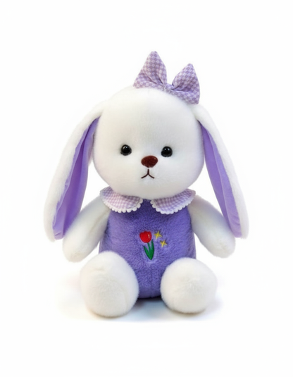 White Plush Bunny Soft Toy, Dress with Tulip Design, 35 cm, Stuffed Animal with Floppy Ears and Ribbon, for Kids