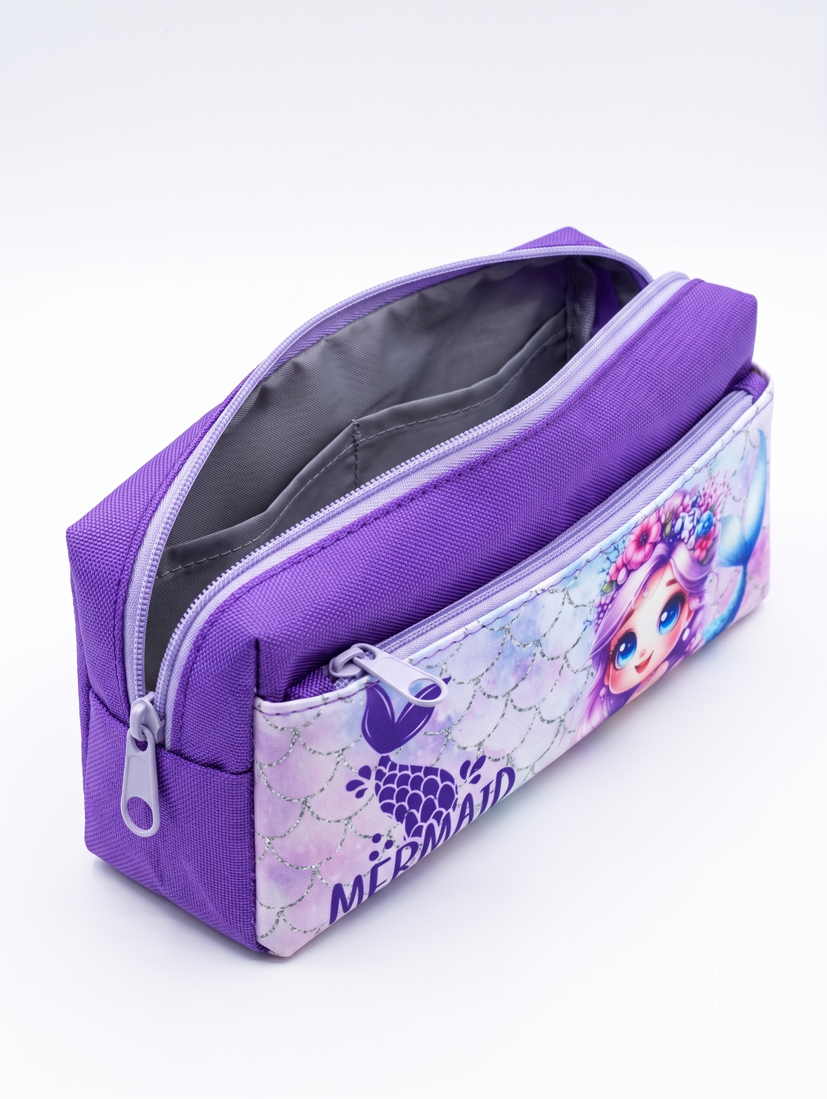 Mermaid Princess Large Capacity Pencil Case – Durable Purple Canvas Stationery Pouch for School & Desk Storage