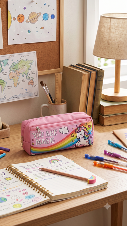 You Are Magic Rainbow Unicorn Pencil Case – High-Capacity Canvas Stationery Bag for Kids