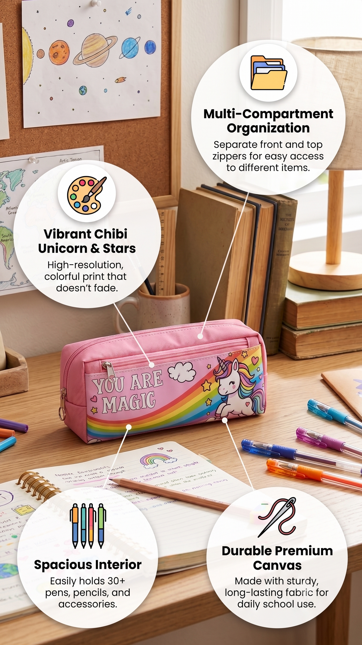 You Are Magic Rainbow Unicorn Pencil Case – High-Capacity Canvas Stationery Bag for Kids