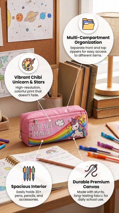 You Are Magic Rainbow Unicorn Pencil Case – High-Capacity Canvas Stationery Bag for Kids