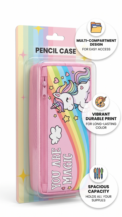 You Are Magic Rainbow Unicorn Pencil Case – High-Capacity Canvas Stationery Bag for Kids
