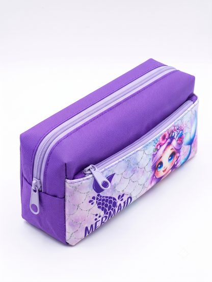 Mermaid Princess Large Capacity Pencil Case – Durable Purple Canvas Stationery Pouch for School & Desk Storage