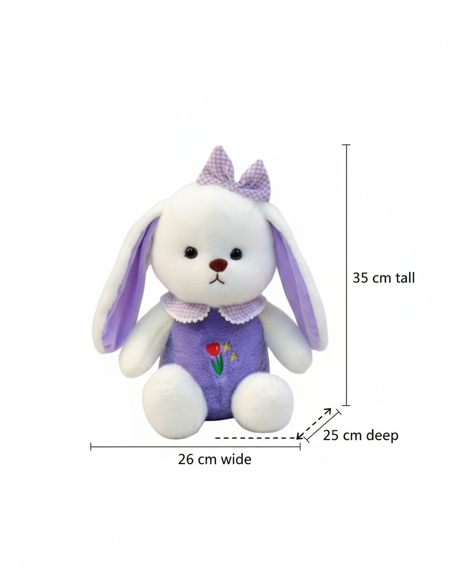 White Plush Bunny Soft Toy, Dress with Tulip Design, 35 cm, Stuffed Animal with Floppy Ears and Ribbon, for Kids
