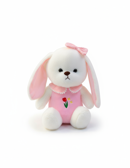 White Plush Bunny Soft Toy, Dress with Tulip Design, 35 cm, Stuffed Animal with Floppy Ears and Ribbon, for Kids