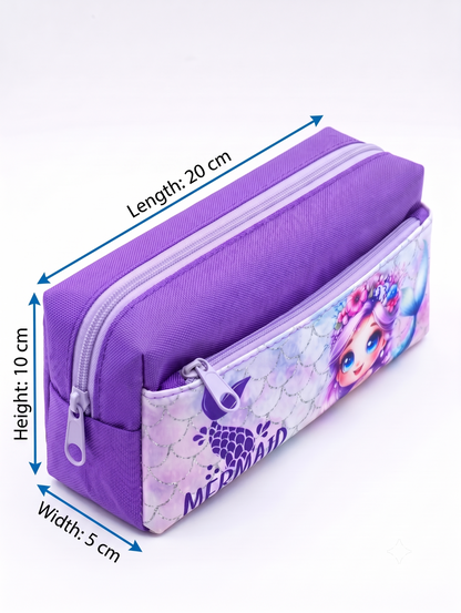 Mermaid Princess Large Capacity Pencil Case – Durable Purple Canvas Stationery Pouch for School & Desk Storage