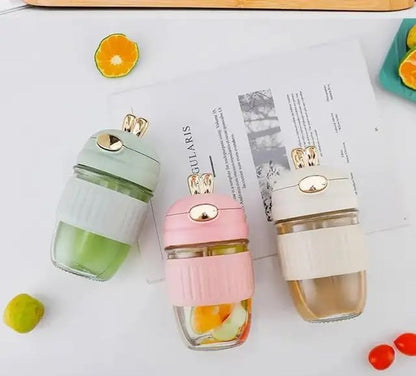Adorable Rabbit Double Drinking Cup – Glass Mug with Straw & Lid | Portable & Leakproof