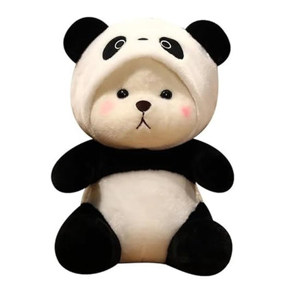 CuddleNest 40 cm Plush Bear in Panda Costume with Cap – Ultra-Soft Stuffed Animal Toy for Kids, Black & White Cuddly Friend for Gifting and Snuggles