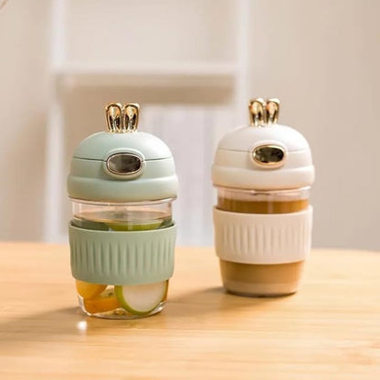 Adorable Rabbit Double Drinking Cup – Glass Mug with Straw & Lid | Portable & Leakproof
