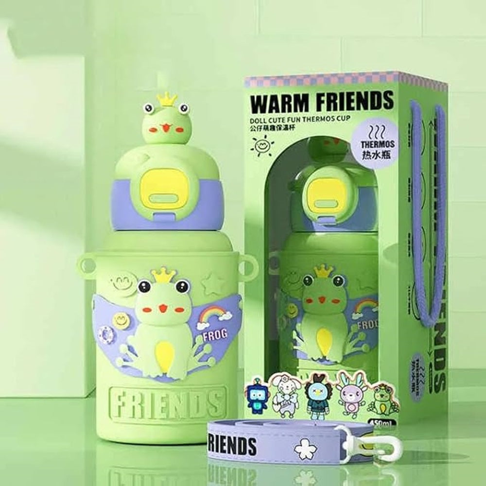 Cute Frog Friends Kids Water Bottle – 450ml, Vacuum Insulated, Leak-Proof, Steel Inside with Straw & Sipper – Ideal for School, Playdates & Gifting