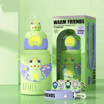 Cute Frog Friends Kids Water Bottle – 450ml, Vacuum Insulated, Leak-Proof, Steel Inside with Straw & Sipper – Ideal for School, Playdates & Gifting