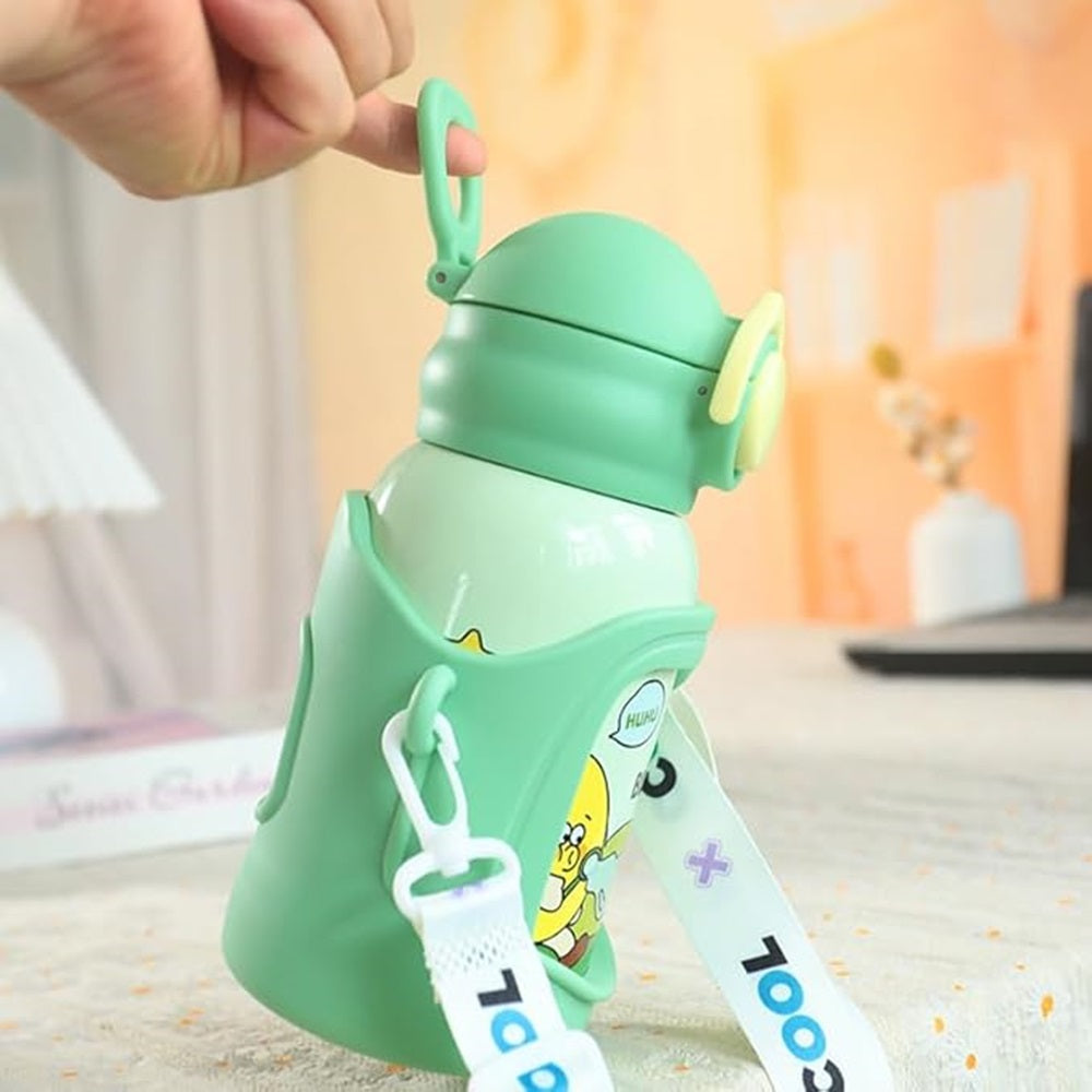 Stainless Steel Kids Water Bottle – 500ml | Double Wall, Straw Lid, Cartoon Print