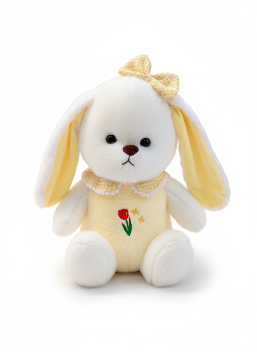 White Plush Bunny Soft Toy, Dress with Tulip Design, 35 cm, Stuffed Animal with Floppy Ears and Ribbon, for Kids