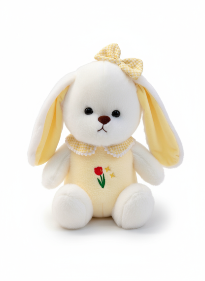 White Plush Bunny Soft Toy, Dress with Tulip Design, 35 cm, Stuffed Animal with Floppy Ears and Ribbon, for Kids