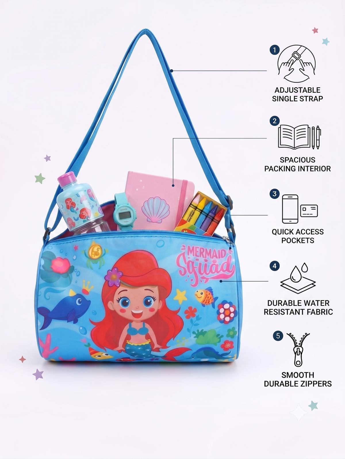 CuddleNest Mermaid Squad Kids Barrel Duffle Bag Playtime | Picnic | Swimming | Gym kit |  Party | Sports time