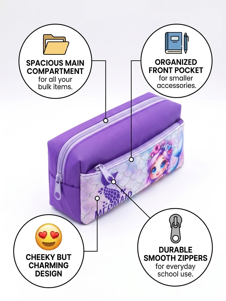 Mermaid Princess Large Capacity Pencil Case – Durable Purple Canvas Stationery Pouch for School & Desk Storage