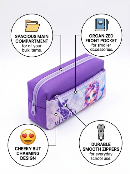 Mermaid Princess Large Capacity Pencil Case – Durable Purple Canvas Stationery Pouch for School & Desk Storage