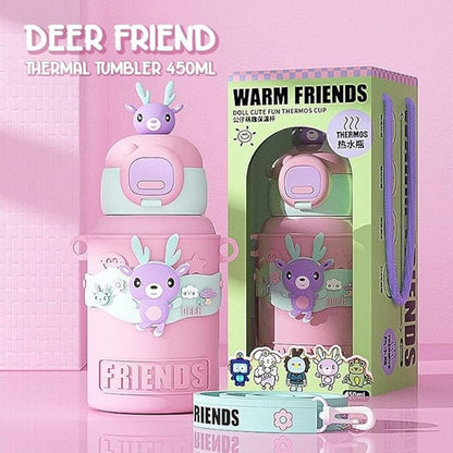 Cute deer character 450ml kids water bottle with straw