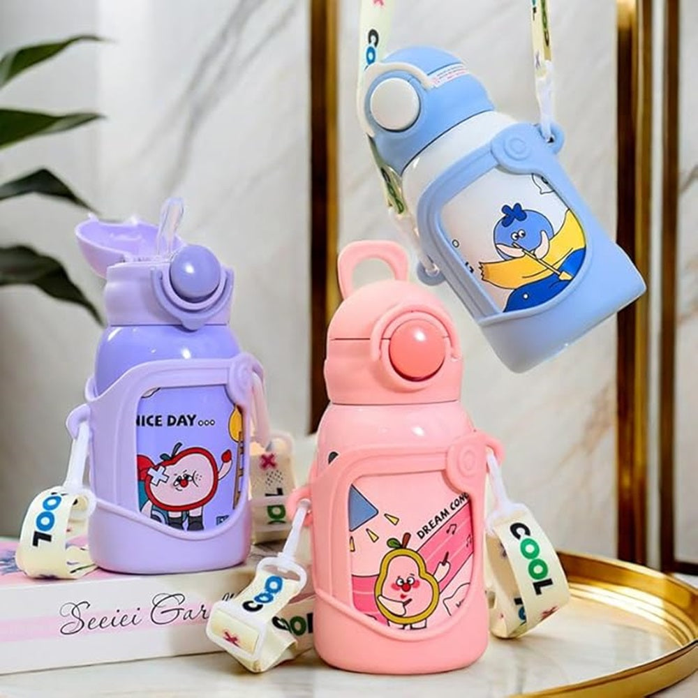 Stainless Steel Kids Water Bottle – 500ml | Double Wall, Straw Lid, Cartoon Print