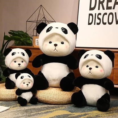 CuddleNest 40 cm Plush Bear in Panda Costume with Cap – Ultra-Soft Stuffed Animal Toy for Kids, Black & White Cuddly Friend for Gifting and Snuggles